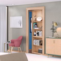 a living room with a bookcase and chair next to a window on the wall