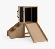 a wooden play set with a slide and storage compartment on the bottom shelf, open to reveal an object inside