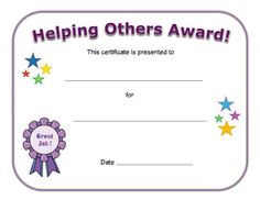 a certificate with stars on it and the words helping others award written in purple ink