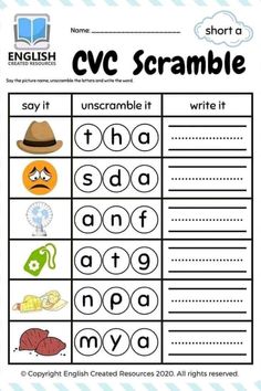 the cvc scramble worksheet with words and pictures