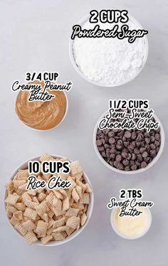 the ingredients to make chocolate chip snack mix in bowls