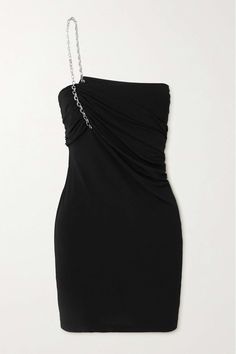 Black One-shoulder chain-embellished stretch-jersey and mesh mini dress | GIVENCHY | NET-A-PORTER Givenchy Dress Short, Givenchy Clothes, Givenchy Outfit, Mini Dress Outfit Party, Black Silk Mini Dress, Dancesport Dresses, Givenchy Dress, Givenchy Clothing, Black And Silver Dress