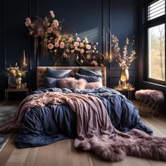 a bedroom with dark blue walls and fur rugs on the floor next to a bed