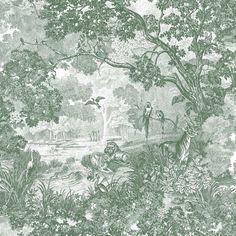 an image of a forest scene with animals and birds in the background, as well as trees