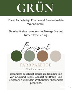 an advertisement with the words grun in german and english, which include different colors