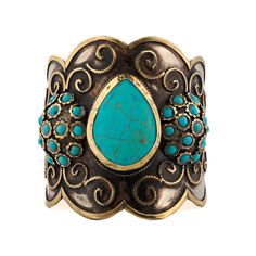 Step into a world of elegance and mystique with Majestic Turquoise Gemstone & Vintage Silver Chunky Adjustable Bracelet. This handmade masterpiece combines vintage silver with luxurious gold-plated designs, creating a bold and captivating accessory that is sure to turn heads. The heart of this bracelet is a magnificent, teardrop-shaped turquoise gemstone Embedded within the gold-plated designs are beautiful turquoise stones. These stones bring a vibrant splash of color and are known for their calming and protective properties, adding both beauty and positive energy to the bracelet. Details Crafted with high-quality vintage silver & 18K gold plated luxurious finish. Turquoise Gemstone  Bracelet size Adjustable Avoid contact with chemicals, makeup, parfume. Do not use dips or abrasive cleane Elegant Turquoise Jewelry For Festivals, Elegant Turquoise Festival Jewelry, Blue Bohemian Jewelry With Stone Setting, Blue Natural Stones Cuff Bracelet, Bohemian Turquoise Bracelet With Gemstone Accents, Bohemian Turquoise Bracelets With Gemstone Accents, Adjustable Turquoise Bracelet With Gemstone Accents, Bohemian Blue Jewelry With Gemstone Accents, Blue Cuff Bracelet With Natural Stones