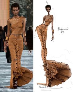 a drawing of a woman in a brown dress on the runway and an image of another model