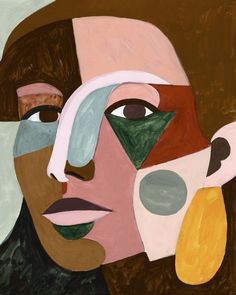 a painting of two people with different colored shapes on their faces, one is looking at the other