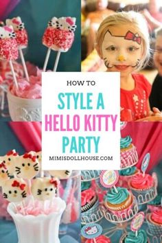 a hello kitty party with cupcakes, cake and candy on the table is featured in this post