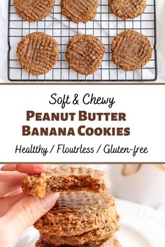 peanut butter cookies on a cooling rack and a hand holding one cookie Banana Peanut Butter Cookies, Low Sugar Cookies, Peanut Butter Banana Cookies, Low Calorie Cookies, Tasteful Recipes, Healthy Desserts For Kids, Low Carb Cookies Recipes, Healthy Kid Friendly Meals, Classic Peanut Butter Cookies