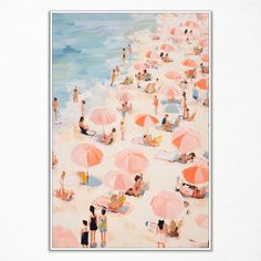 a painting of people at the beach with umbrellas in the sand and on the water