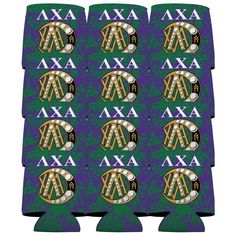 six green and yellow beer can coolers with the letters aa on them