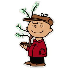 a cartoon boy holding a small tree in his right hand and wearing a hat on top of it