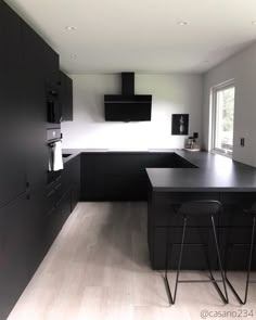 an empty kitchen with black cabinets and counter tops, two stools in front of the island