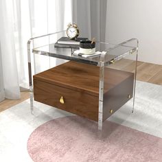 a glass desk with a drawer underneath it on a rug in front of a window