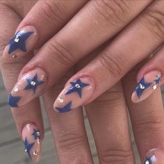 Navy Valentines Nails, Dark Blue Stars Nails, Navy Blue Nails Y2k, Y2k Nails Short Blue, Navy Blue Nails Long, Benson Boone Inspired Nails, Rhinestone Nails Blue, Red And Blue Star Nails, Royal Blue Star Nails