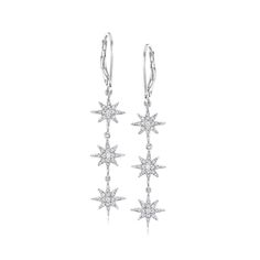 Ross-Simons - .25 ct. t. w. Diamond Three-Starburst Drop Earrings in Sterling Silver. Wish upon a star...or three! Our celestial-inspired drop earrings dangle a trio of .25 ct. t. w. round diamond starbursts. Finely crafted in polished sterling silver. Hanging length is 1 7/8". Leverback, diamond three-starburst drop earrings. Diamond birthstones are the perfect gift for April birthdays. Drop Earrings Diamond, Sky Blue Topaz Ring, Wish Upon A Star, Drop Earrings Silver, Diamond Birthstone, Mixed Metal Jewelry, Gold Rope Chains, Fine Jewelery, Earrings Diamond