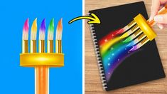 a person holding a pencil next to a spiral notebook with rainbow colored pens in it