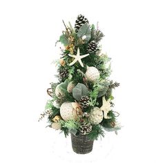 a christmas tree decorated with white and green ornaments, pine cones and starfishs