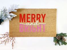 Merry and Bright Modern Christmas Doormat, Pink Red and White Holiday Welcome Mat, Seasonal Decor, Front Door Mat, Entryway Decor