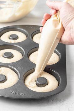 Donut batter being piped into a donut pan. Donut Pan Recipes, Donut Pan Recipe, Cake Mix Donuts Recipe, Doughnuts Wedding, Baked Donut Recipe, Cake Mix Donuts, Baked Doughnut Recipes, Scottish Tablet, Apple Cider Donuts Recipe