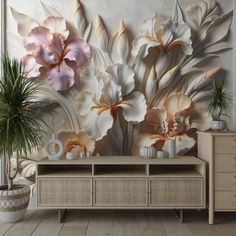 an artistic wallpaper with flowers and plants in front of a large painting on the wall