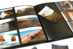 an open photo book with pictures of the ocean and mountains in it's pages