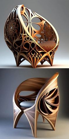 an artistic wooden chair with intricate designs on it