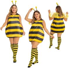 three women dressed in bee costumes, one is wearing a yellow and black striped dress