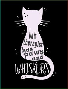 a black and white cat with the words, my therapist has paws and whiskers