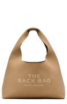 A bold debossed logo stands out against the richly grained leather of a spacious sack-style bag that boasts a comfortably wide handle and a divided interior. Magnetic closure Top carry handle Dual interior compartments with center zip-pocket divider; two slip wall pockets; removable zip pouch Leather Imported Designer Handbags Beige Leather Shoulder Bag With Logo, Beige Double Handle Bag With Logo, Classic Shoulder Bag With Double Handle And Embossed Logo, Double Handle Shoulder Bag With Embossed Logo For Shopping, Beige Logo Tote Shoulder Bag, Beige Top Handle Bags With Logo, Classic Beige Logo Bag, Classic Bags With Logo For On-the-go, Brown Double Handle Shoulder Bag With Logo