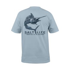 Comfortable style for anglers and other salt water lovers, the Salt Life� Skelebonz Short-Sleeve Pocket T-Shirt for Men offers easy-moving comfort for any saltwater fun. Made of a preshrunk ringspun 100% cotton jersey, this lightweight shirt features a screen-printed wordmark on the left chest above the sewn-in chest pocket. The large Salt Life logo graphic across the back features a large marlin skeleton for an unmistakable look. Classic fit. Crew neck. Machine wash and dry. Imported. Manufactu Blue Short Sleeve T-shirt For Fishing, Life Logo, Comfortable Style, Salt Life, Pocket Tshirt, Pocket Tee, T Shirt For Men, Good Brands, Logo Graphic