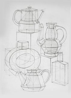 an image of a drawing of teapots and other things to draw on paper