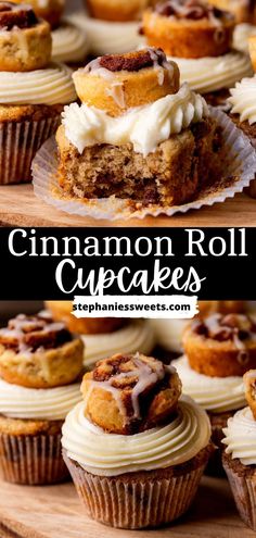 cinnamon roll cupcakes with white frosting on top