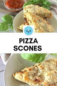 pizza scones with spinach leaves and sauces on the side are shown in two separate images