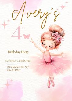 Ballerina Birthday Invitation Template, Ballet Dancer, Editable Digital Download, Canva, Birthday Invitation, Floral Ballerina - Etsy Ballerina Party Invitations, Ballerina Birthday Party Invitations, Ballerina Invitations, 2nd Birthday Photos, Ballet Birthday Party, Ballet Birthday, Ballerina Birthday Parties, Paper Box Template, Ballerina Party