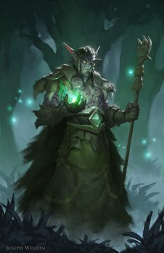 a painting of a demon holding a green light in his hand and standing in the woods