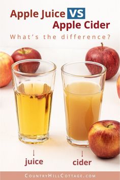 two glasses filled with juice next to an apple and another glass full of cider