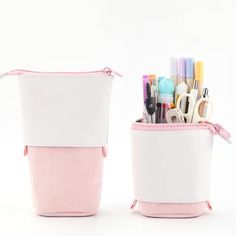 Perfect for the artist or calligrapher on the go! Stand your pouch up to make an easy-to-access pen or pencil holder on your desk. When you're ready to go, simply pull up the white part, zip, and toss in your bag! Interior pockets for easy organizing Great for kids and adults! Cute Pencil Case, School Creative, Personalized Pencils, Cute Pens, Stationery Storage, Custom Stationery, School Stationery, Pencil Bags, Colored Pens