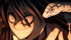 an anime character with long hair and red eyes looking at the camera, in front of a dark background