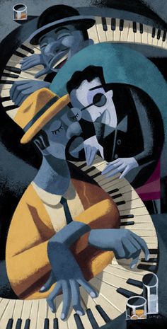 two people are playing the piano and one is wearing a hat with his hands on it