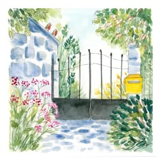 a watercolor painting of a gate and flowers