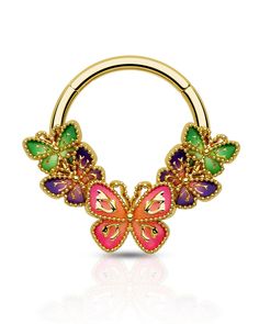 a gold nose ring with multicolored butterflies on the outside and green, pink, purple