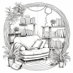 a black and white drawing of a couch in front of a book shelf filled with books