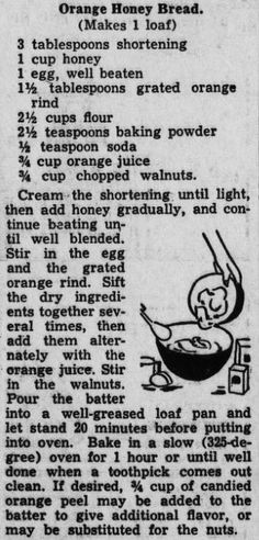 an old newspaper article with instructions on how to make honey bread and other things in it