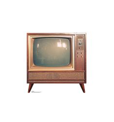 an old fashioned television set sitting on top of a wooden stand in front of a white background