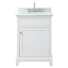 a white bathroom vanity with marble top and sink