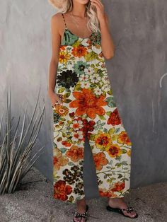 Women Retro Flower Printed Loose Wide Leg Playsuit Summer Sleeveless Casual Vest Romper Fashion Ladies Jumpsuit Streetwear Sleeveless Multicolor Printed Jumpsuits And Rompers, Summer Sleeveless Printed Jumpsuit, Multicolor Sleeveless Jumpsuits And Rompers For Vacation, Sleeveless Multicolor Jumpsuits And Rompers For Vacation, Casual Sleeveless Floral Print Jumpsuits And Rompers, Sleeveless Green Floral Print Jumpsuits And Rompers, Casual Multicolor Sleeveless Jumpsuit, Sleeveless Floral Print Jumpsuits And Rompers For Beach, Bohemian White Sleeveless Jumpsuits And Rompers