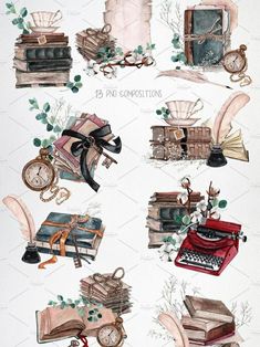 watercolor painting of books and typewriters on white paper