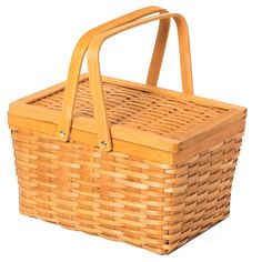 a wicker picnic basket with wooden handles